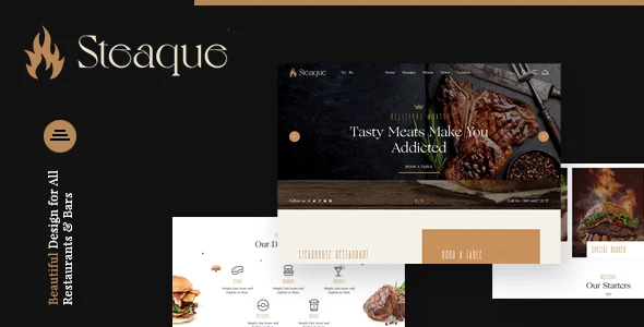 Steaque | Restaurant and Cocktail Bar WordPress Theme WordPress theme homepage layout for a bar restaurant website