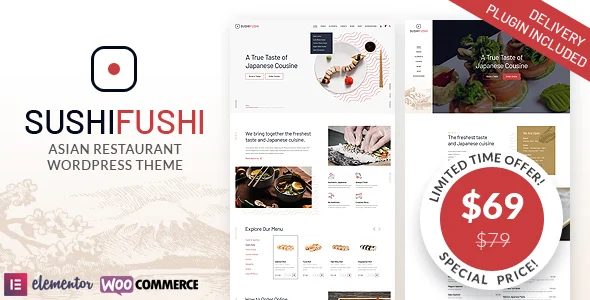 SushiFushi - Japanese & Asian Restaurant WordPress Theme WordPress theme homepage layout for a appointment restaurant website