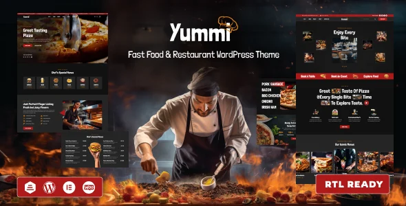 Yummi - Restaurant WordPress Theme WordPress theme homepage layout for a burger restaurant website