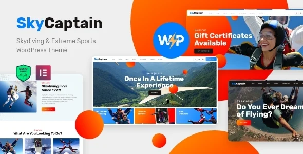SkyCaptain | Skydiving, Parachute & Extreme Sports WordPress Theme WordPress theme homepage layout for a aircraft entertainment website