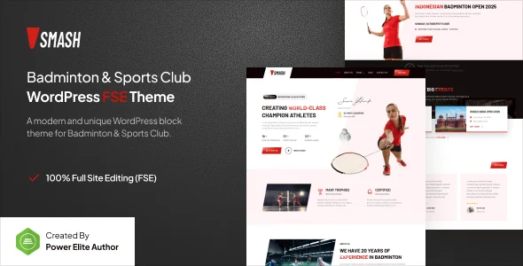 Smash – Badminton School & Sports Club Gutenverse FSE WordPress Block Theme WordPress theme homepage layout for a academy entertainment website