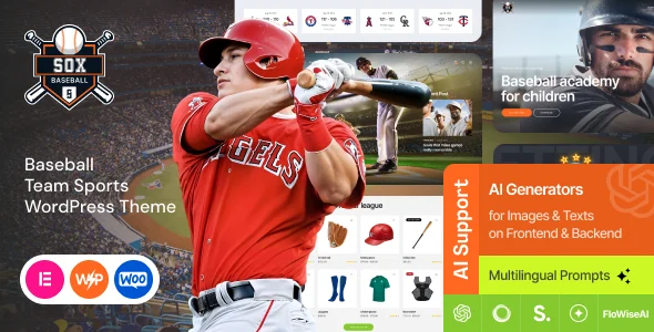 Sox - Baseball Team Sports WordPress Theme WordPress theme homepage layout for a baseball entertainment website