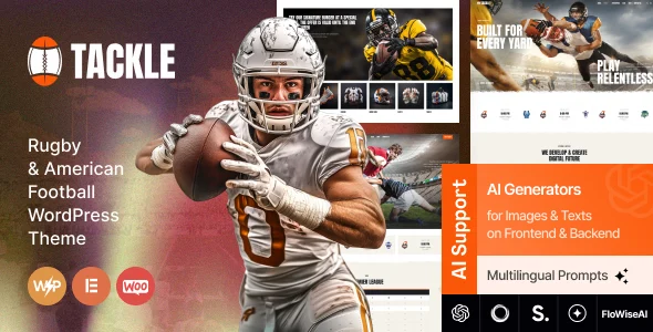 Tackle - Rugby & American Football WordPress Theme WordPress theme homepage layout for a american football entertainment website