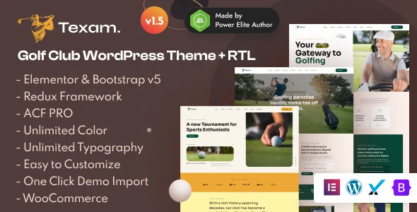 Texam - Golf Club & Sports Club WordPress Theme for Courses, Events & Booking WordPress theme homepage layout for a club membership wordpress entertainment website