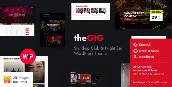 The Gig - Stand-up Club & Night Bar WordPress Theme + Online Store WordPress theme homepage layout for a actor entertainment website