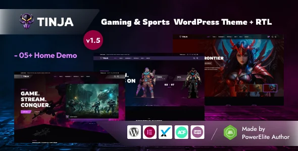 Tinja – Gaming & eSports WordPress Theme for Teams, Streamers & Tournaments WordPress theme homepage layout for a dark gaming theme entertainment website