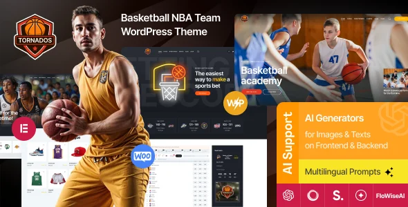 Tornados | Basketball NBA Team WordPress Theme WordPress theme homepage layout for a basketball entertainment website