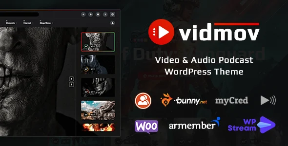 VidMov - Video WordPress Theme WordPress theme homepage layout for a audio entertainment website