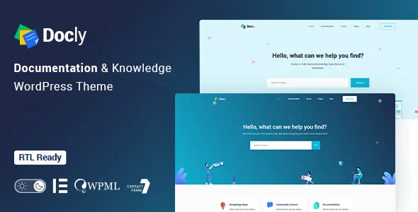 Docly - Documentation And Knowledge Base WordPress Theme with bbPress Helpdesk Forum WordPress theme homepage layout for a ask questions website