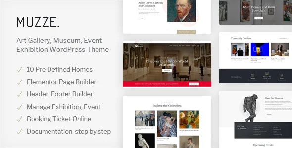 Muzze - Museum Art Gallery Exhibition WordPress Theme WordPress theme homepage layout for a Antiquities museum website