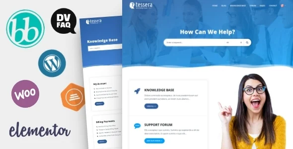 Tessera - Knowledge Base & Support Forum WordPress Theme WordPress theme homepage layout for a bbpress website