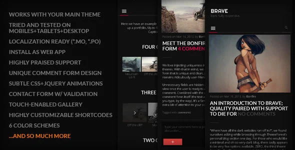 BRAVE - A dark, clean, fully responsive WP theme WordPress theme homepage layout for a android mobile app website
