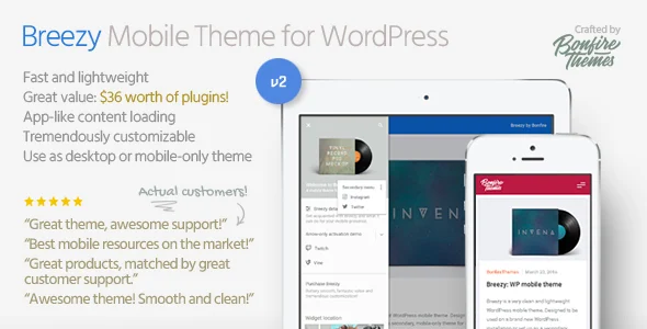 Breezy: Mobile Theme for WordPress WordPress theme homepage layout for a clean mobile app website