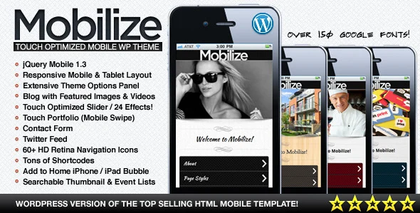 Mobilize - jQuery Mobile WordPress Theme WordPress theme homepage layout for a iphone mobile app website