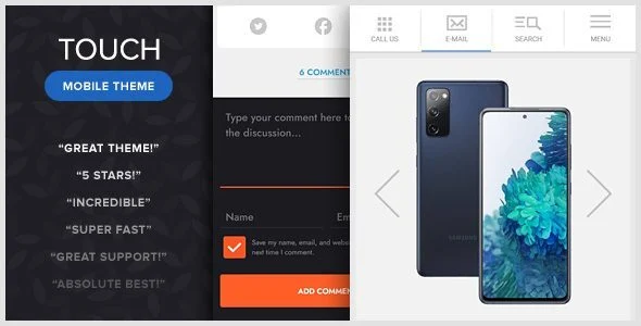 TOUCH: A Lighter-than-air WordPress Mobile Theme WordPress theme homepage layout for a android theme mobile app website