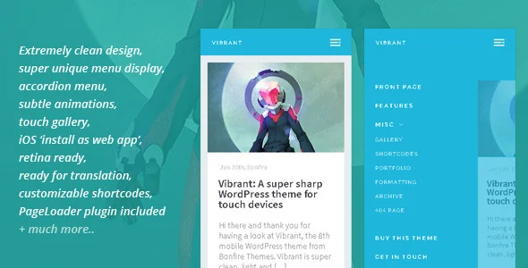 Vibrant: A Super Sharp WordPress Mobile Theme WordPress theme homepage layout for a android theme mobile app website