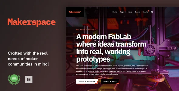 Makerspace - FabLab & Community Workshop WordPress Theme WordPress theme homepage layout for a 3d printing advocacy website
