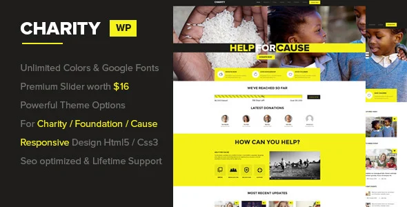 Charity WordPress Theme WordPress theme homepage layout for a Causes nonprofit website