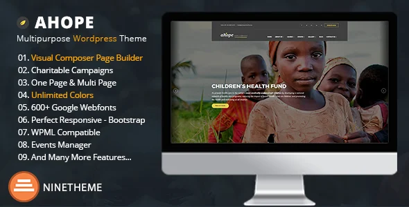 Ahope - Charity & Nonprofit WordPress Theme WordPress theme homepage layout for a charity charity website