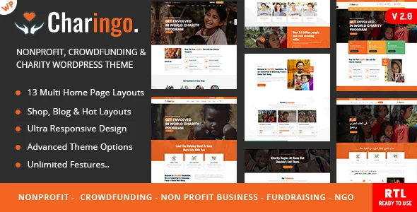 Charingo - Charity WordPress Theme WordPress theme homepage layout for a campaign charity website