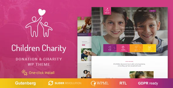 Children Charity - Nonprofit & NGO WordPress Theme WordPress theme homepage layout for a adoption charity website