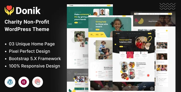 Donik - Charity & Fundraising WordPress Theme + WooCommerce Support WordPress theme homepage layout for a charity charity website