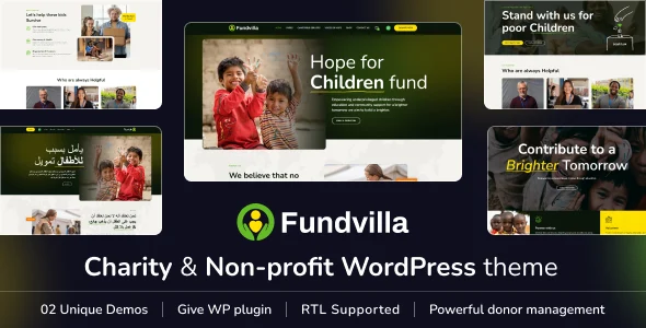 Fundvilla – Charity & Fundraising WordPress Theme WordPress theme homepage layout for a charity charity website
