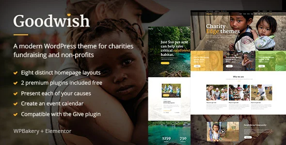Goodwish - Charity & Nonprofit WordPress Theme WordPress theme homepage layout for a campaign charity website