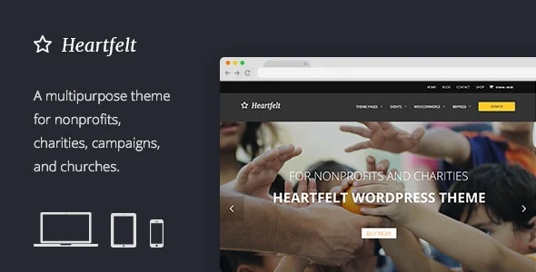 Heartfelt: Humanitarian Responsive WordPress Theme WordPress theme homepage layout for a Causes charity website