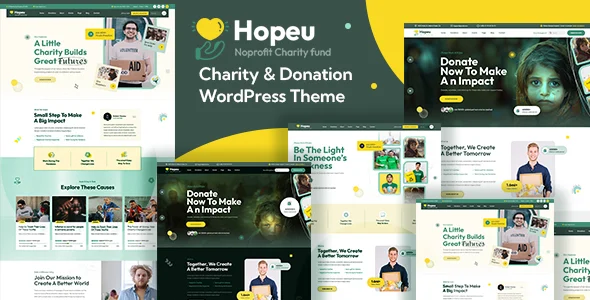 Hopeu – Charity & Donation WordPress Theme WordPress theme homepage layout for a charitable charity website