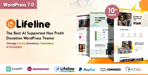 Lifeline - 2026 Charity Donation WordPress Theme WordPress theme homepage layout for a charity charity website