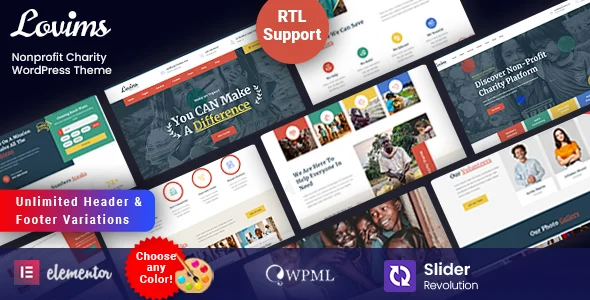 Lovims - Nonprofit WordPress Theme WordPress theme homepage layout for a campaign charity website