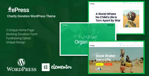 Nonprofit Charity WordPress Theme - ePress WordPress theme homepage layout for a causes charity website