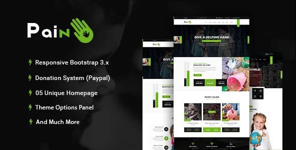 Pain - Charity & Nonprofit WordPress Theme WordPress theme homepage layout for a cause charity website