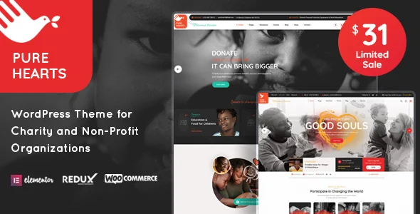 Pure Hearts - Charity & Nonprofit WordPress Theme WordPress theme homepage layout for a causes charity website