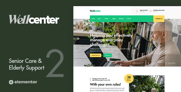 Wellcenter - Senior Care & Support WordPress Theme WordPress theme homepage layout for a accessibility charity website