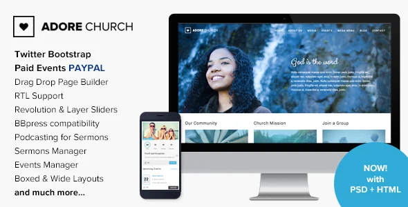 Adore Church - Responsive WordPress Theme WordPress theme homepage layout for a audio player church website