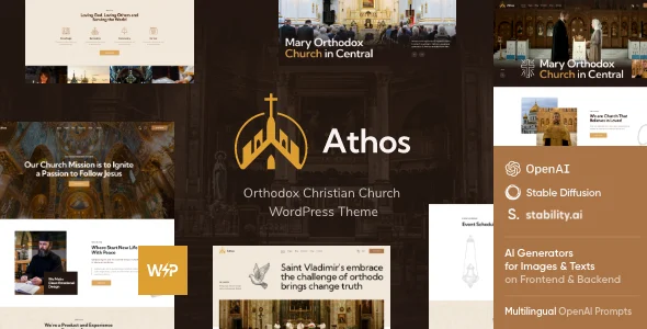 Athos - Orthodox Christian Church WordPress Theme + Events & Store WordPress theme homepage layout for a catholic church website