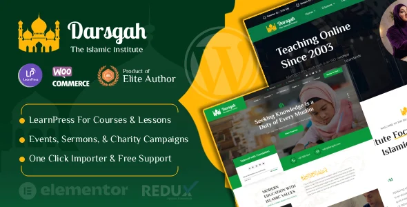 Darsgah - Islamic Institute & Education WordPress Theme + RTL WordPress theme homepage layout for a academy church website