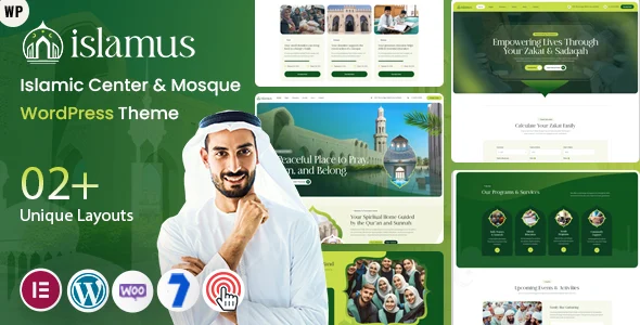 Islamus - Islamic Center & Mosque WordPress Theme WordPress theme homepage layout for a arabic church website