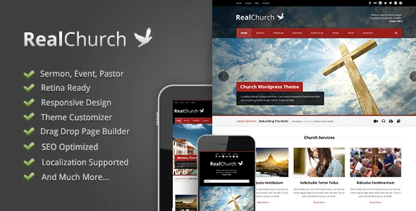 Real Church - Responsive Retina Ready WordPress WordPress theme homepage layout for a belief church website