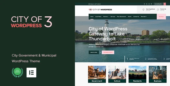 City of WP - Municipal & Local Government WordPress Theme WordPress theme homepage layout for a city nonprofit website