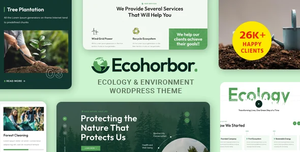 Ecohorbor - Ecology & Environment WordPress Theme WordPress theme homepage layout for a animals environmental organization website