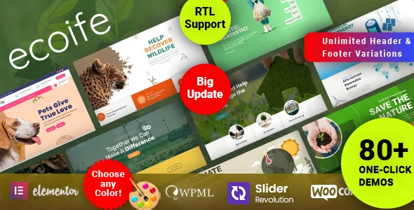 Ecoife - Environment Ecology WordPress Theme WordPress theme homepage layout for a animals environmental organization website
