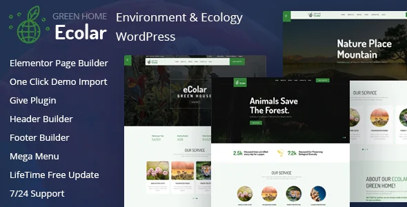 Ecolar - Environment & Ecology WordPress Theme WordPress theme homepage layout for a agriculture environmental organization website