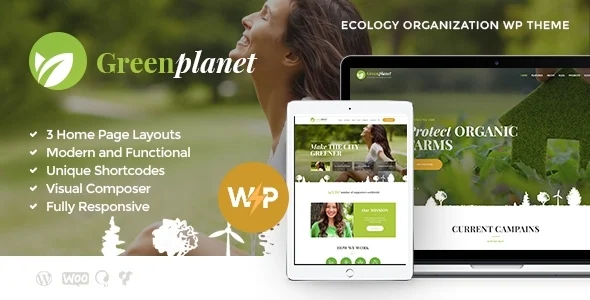 Green Planet | Ecology & Environmental Protection Non-Profit WordPress Theme WordPress theme homepage layout for a alternative energy environmental organization website