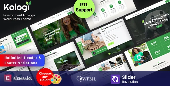 Kologi - Environment Ecology WordPress WordPress theme homepage layout for a animals environmental organization website