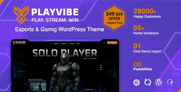 Playvibe - Esports & Gaming WordPress Theme WordPress theme homepage layout for a esports environmental organization website
