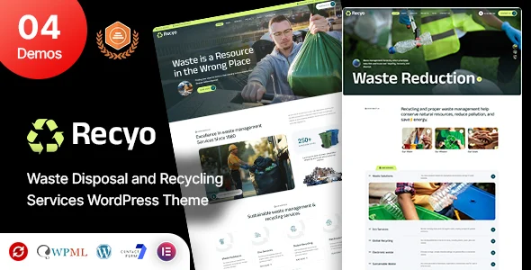 Recyo - Recycling & Waste Management WordPress Theme WordPress theme homepage layout for a circular economy environmental organization website
