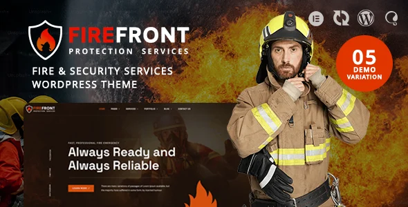 Firefront - Fire & Security Services WordPress Theme WordPress theme homepage layout for a business nonprofit website